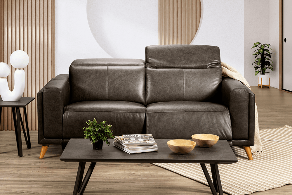 Cali Leather Corrected Grain/Waxed 2 Seater Lounge With 2 Built In Power Recliners