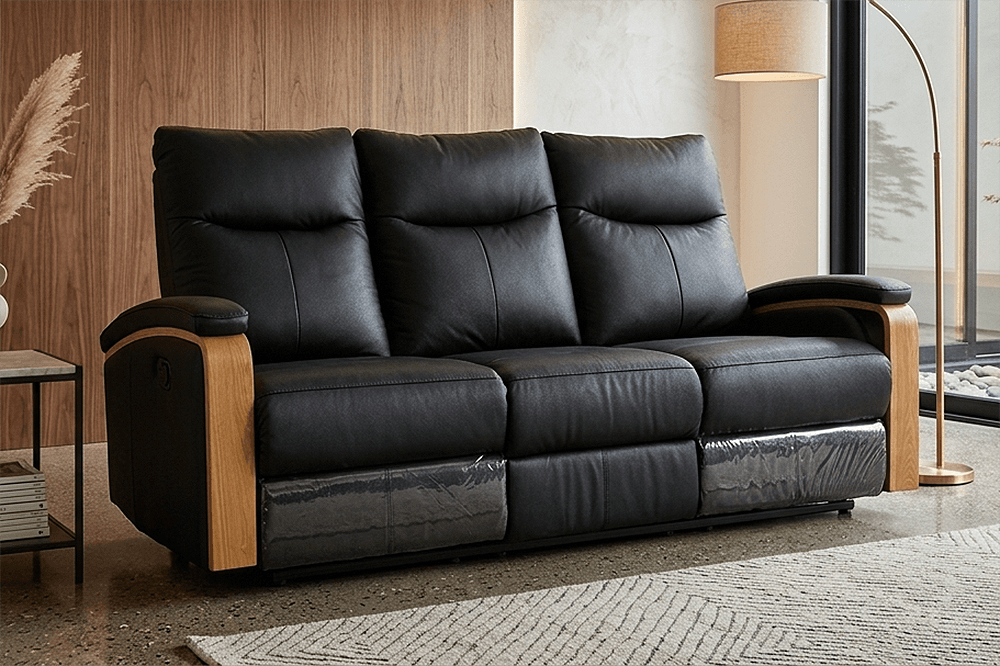 Ezra Leather PVC 3 Seater Lounge With 2 Built In Recliners