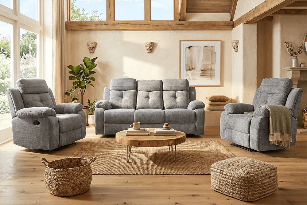 Ellery Fabric 3 Seater Lounge With 2 Built In Recliners With 2 Recliners